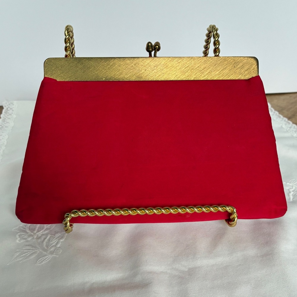 Garay Clutch Womens Red Vintage Satin Gold Frame Kiss Lock Evening Bag Handbag